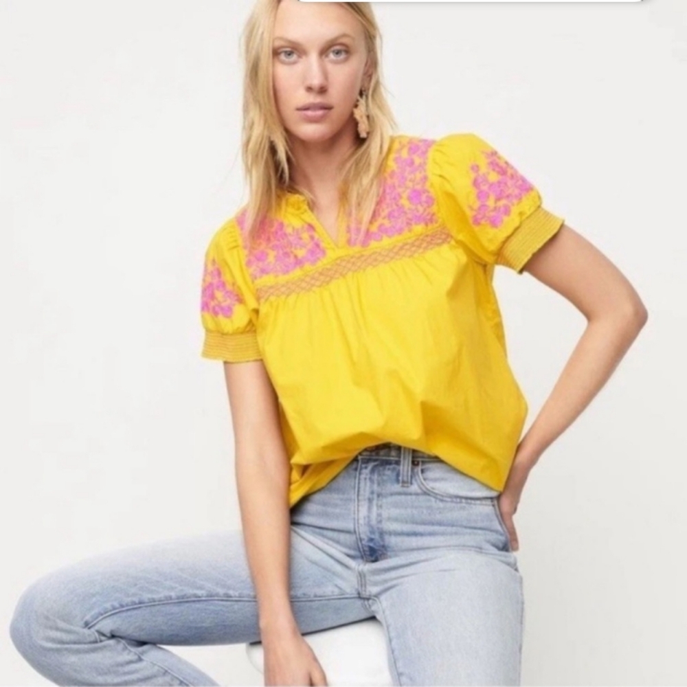 J. Crew Embroidered Cotton Poplin Puff Sleeved Blouse